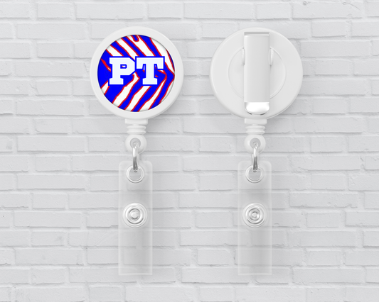 Basic Badge Reels - Red, White, Blue Zebra Stripes (asst. medical titles)