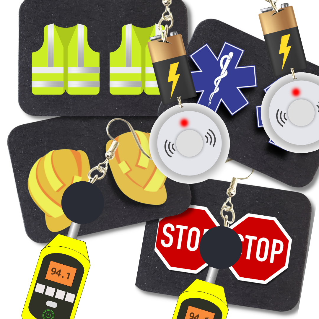 VICKI'S SAFETY CREATIONS OPEN BLUE TOOL BOX HEADING STUD EARRINGS