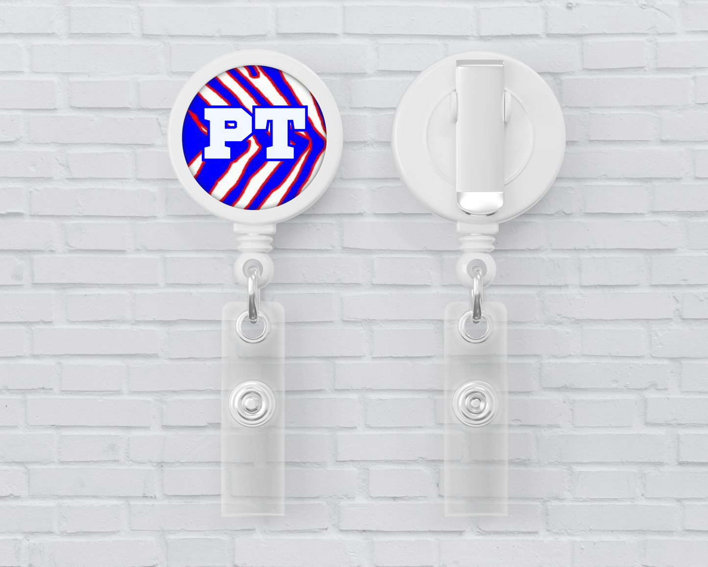 Basic Badge Reels - Red, White, Blue Zebra Stripes (asst. medical titles)