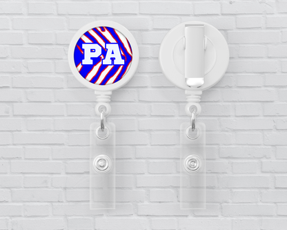 Basic Badge Reels - Red, White, Blue Zebra Stripes (asst. medical titles)
