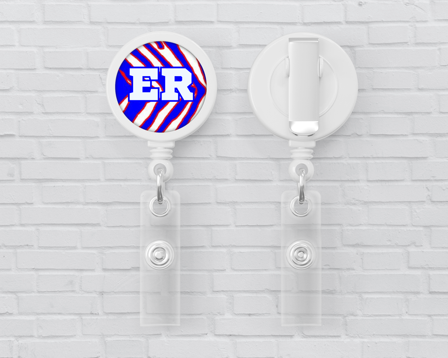 Basic Badge Reels - Red, White, Blue Zebra Stripes (asst. medical titles)