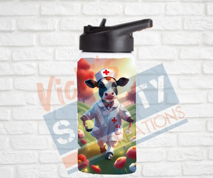 12oz. Stainless Steel Water Bottle-Cow (asst. Health & Safety Designs) Nurse Water Bottles