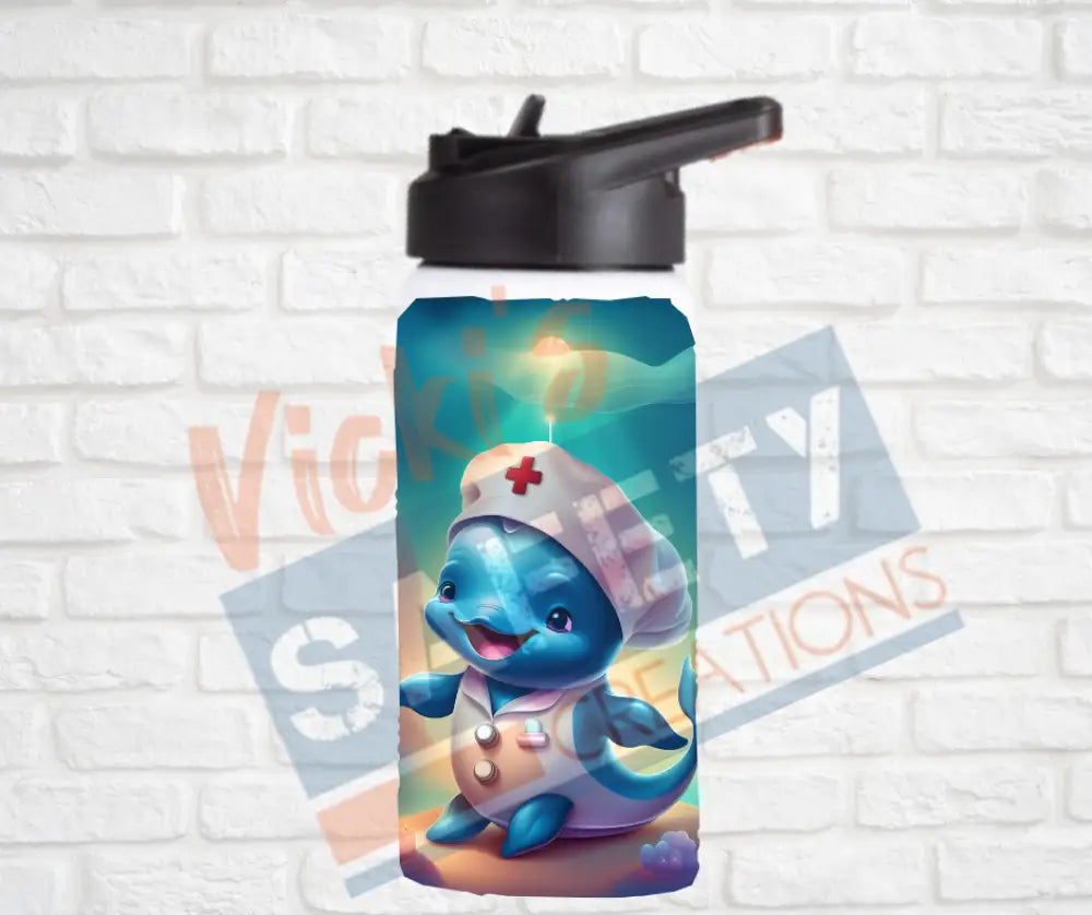 12oz. Stainless Steel Water Bottle-Dolphin (asst. Health & Safety Designs) Nurse Water Bottles