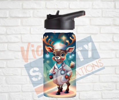 12oz. Stainless Steel Water Bottle-Reindeer (asst. Health & Safety Designs) Nurse Water Bottles
