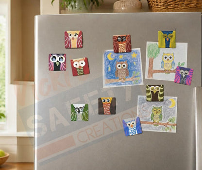 Hand Painted Wood Owl Magnet, Set of 10