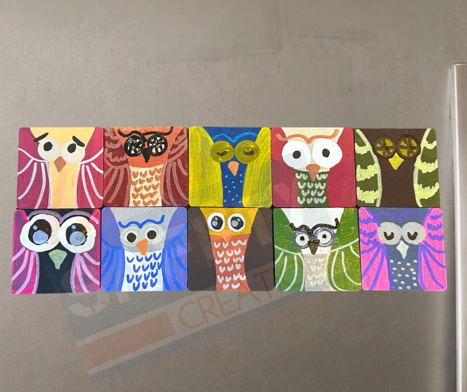 Hand Painted Wood Owl Magnet, Set of 10