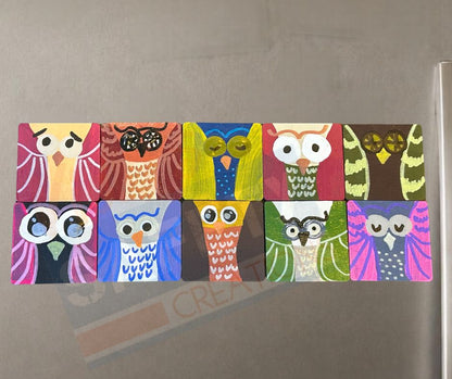 Hand Painted Wood Owl Magnet, Set of 10