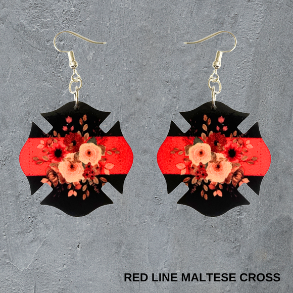 Maltese Cross-Red Line Dangle Earrings