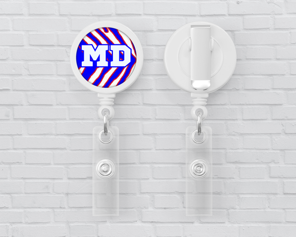 Basic Badge Reels - Red, White, Blue Zebra Stripes (asst. medical titles)