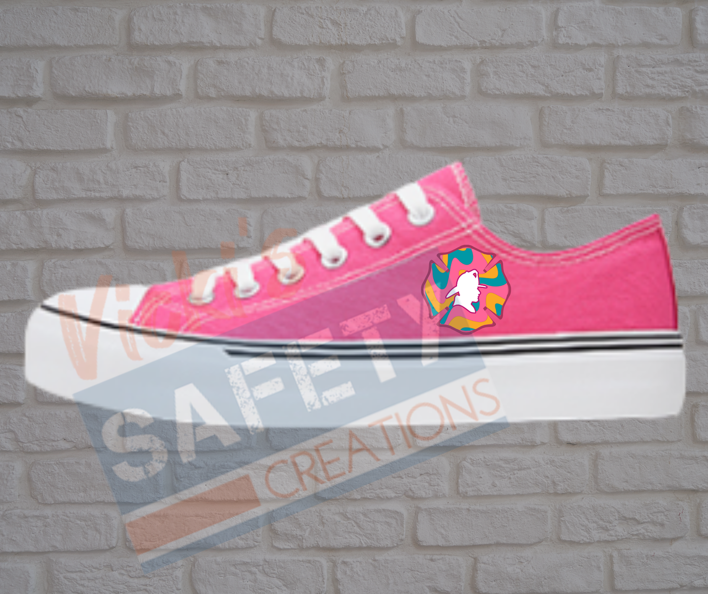 Adult low top Canvas Sneakers-Pink Retro Waves-Firefighter Emblem-Pink