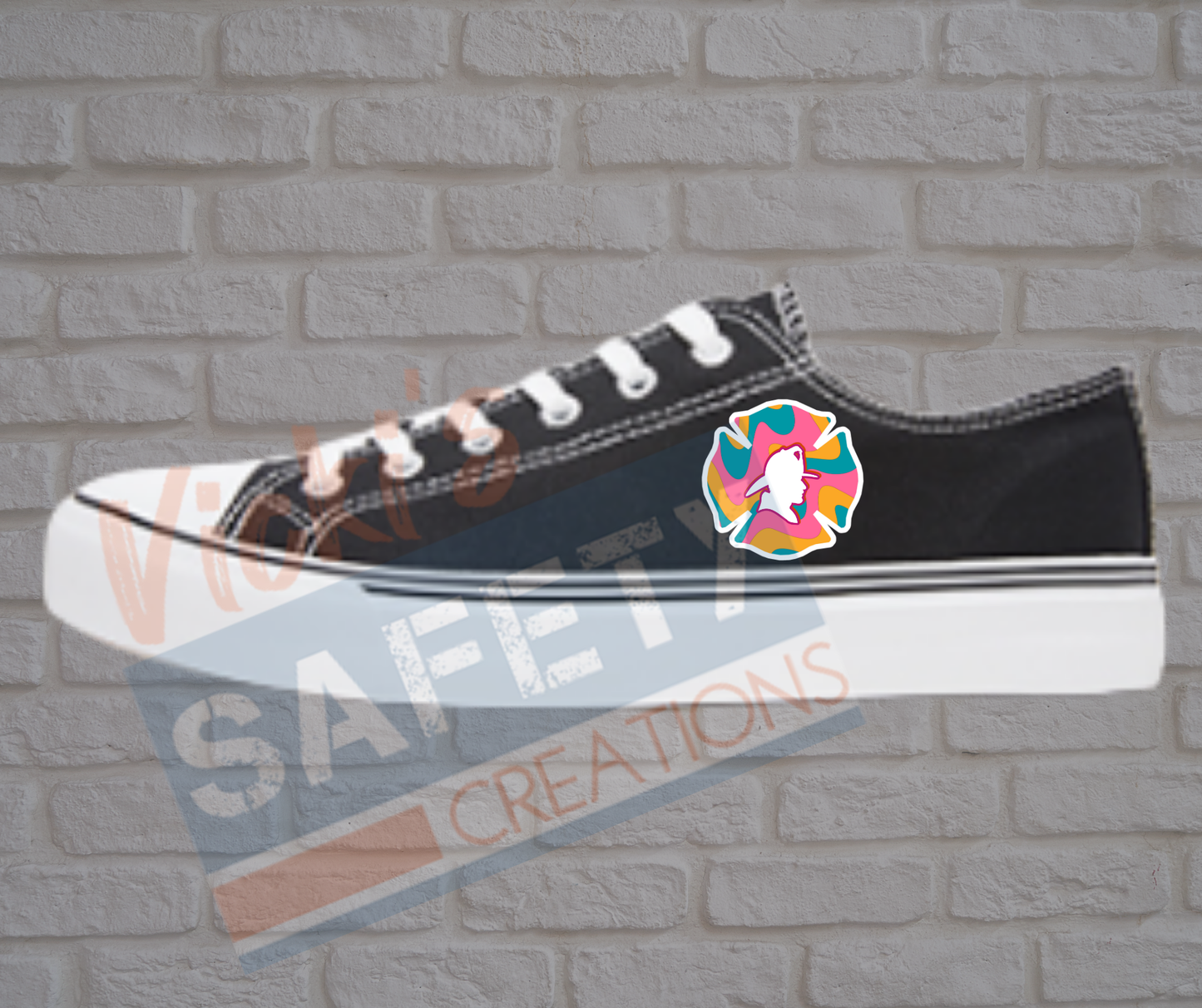 Adult low top Canvas Sneakers-Pink Retro Waves-Firefighter Emblem-Black