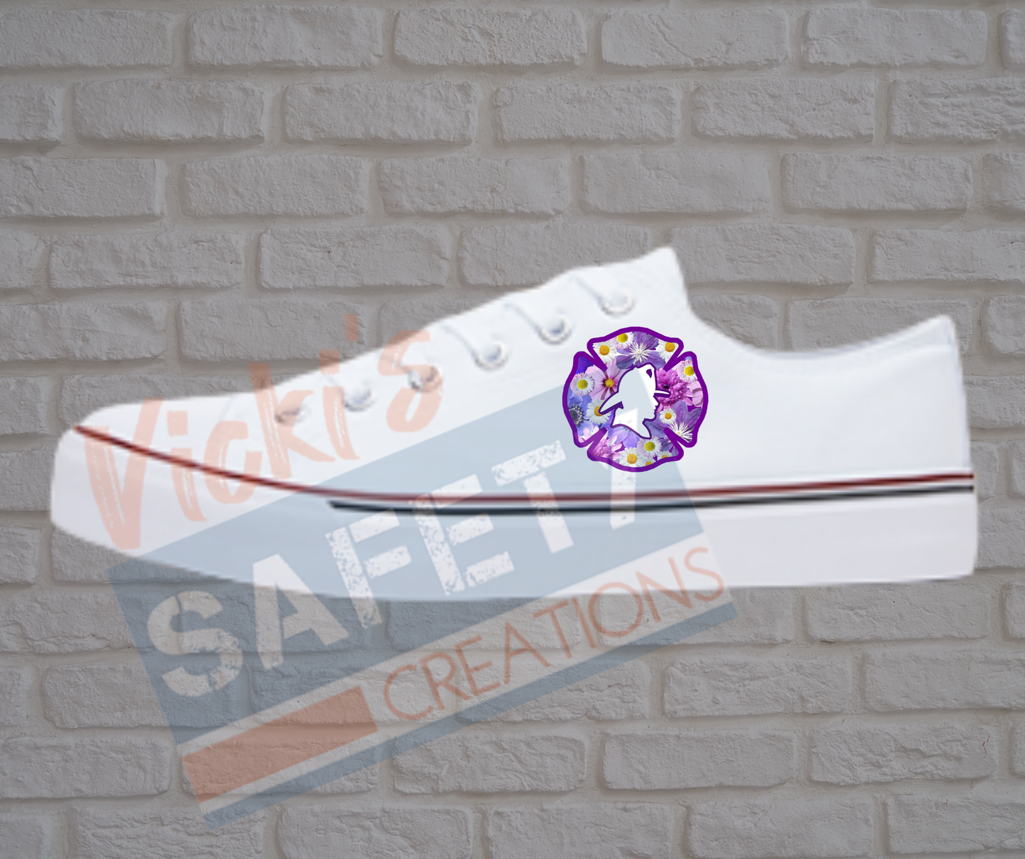 Adult low top Canvas Sneakers-Purple Floral-Firefighter Emblem-White