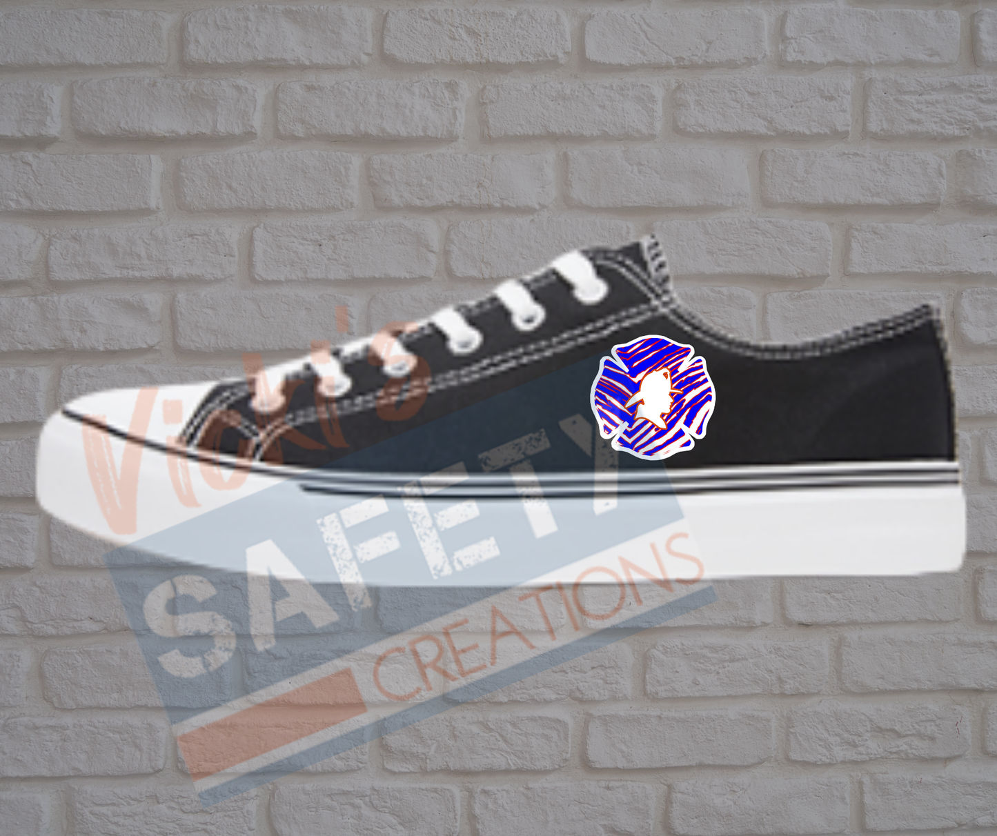 Adult low top Canvas Sneakers-R, W, B, Stripes-Firefighter Emblem-Black