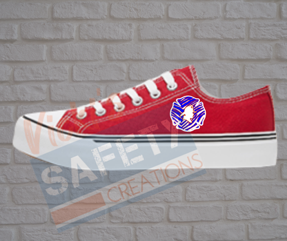 Adult low top Canvas Sneakers-R, W, B, Stripes-Firefighter Emblem-Red