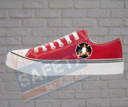 Adult low top Canvas Sneakers-Flames-Firefighter Emblem-Red