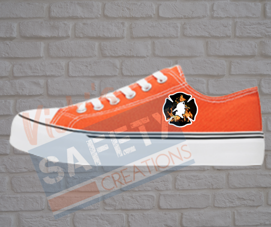 Adult low top Canvas Sneakers-Flames-Firefighter Emblem-Orange