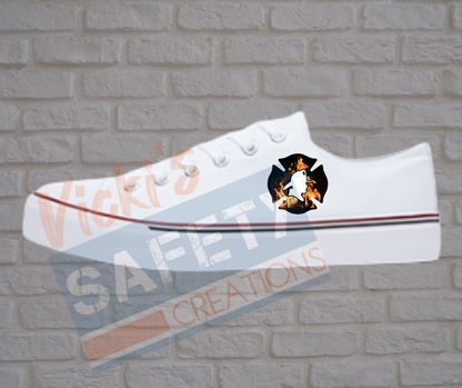 Adult low top Canvas Sneakers-Flames-Firefighter Emblem-White