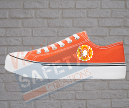 Adult low top Canvas Sneakers-Retro Flower-Firefighter Emblem-Orange