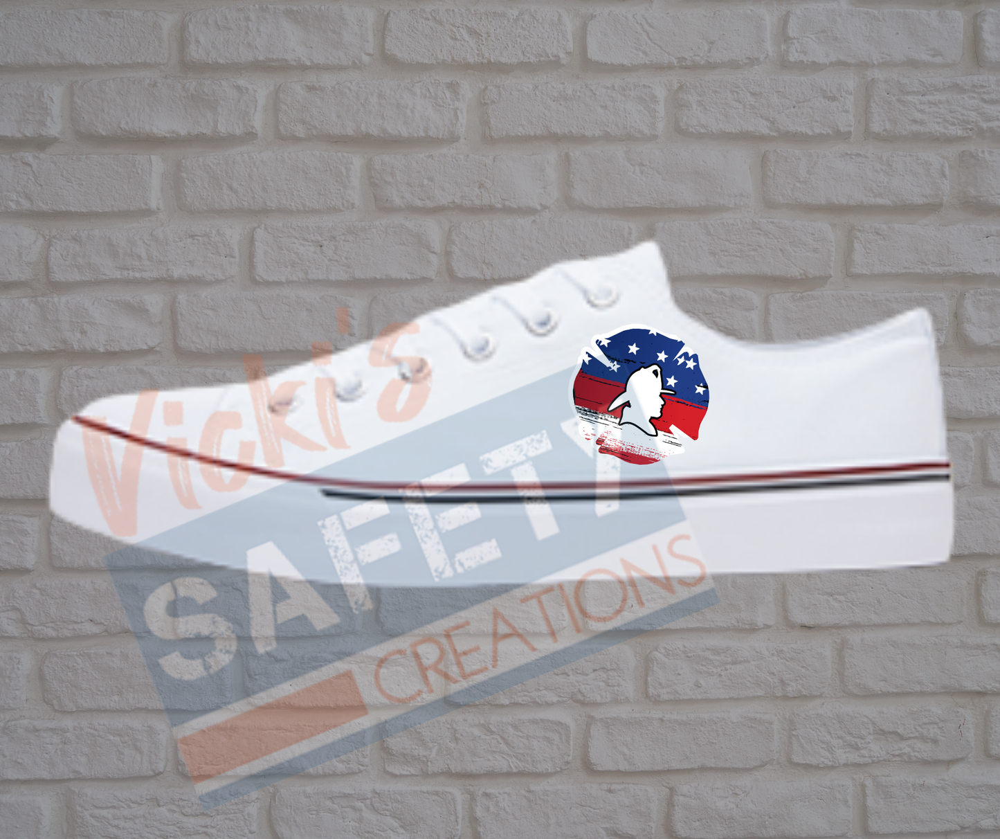 Adult low top Canvas Sneakers-USA Flag-Firefighter Emblem-White