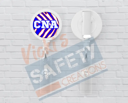 Basic Badge Reels - Red White Blue Zebra Stripes (asst. medical titles) CNA Badge Reels