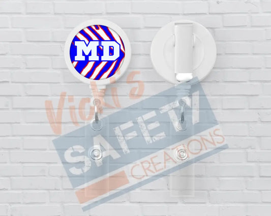 Basic Badge Reels - Red White Blue Zebra Stripes (asst. medical titles) MD Badge Reels