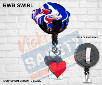 Di-cut Badge Reels-Buffalo (Asst. Patterns) RWB Swirl Badge Reels