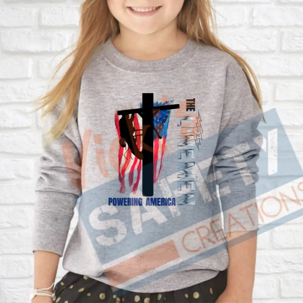 Lineman Powering American (Adult Youth Toddler Infant Sizes) Crew Sweatshirt / TODDLER-2T Adult Clothing