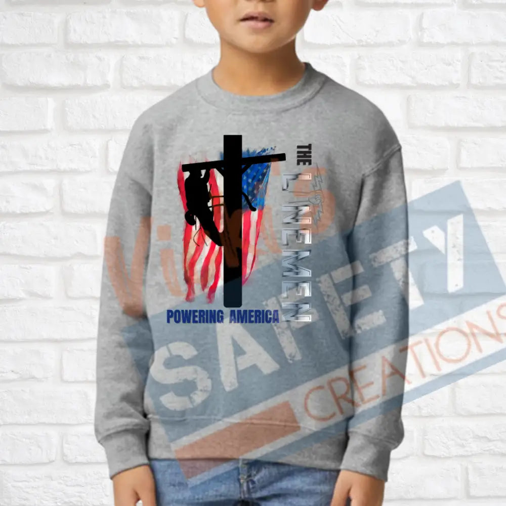 Lineman Powering American (Adult Youth Toddler Infant Sizes) Crew Sweatshirt / YOUTH-XSmall Adult Clothing
