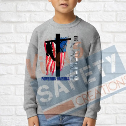 Lineman Powering American (Adult Youth Toddler Infant Sizes) Crew Sweatshirt / YOUTH-XSmall Adult Clothing