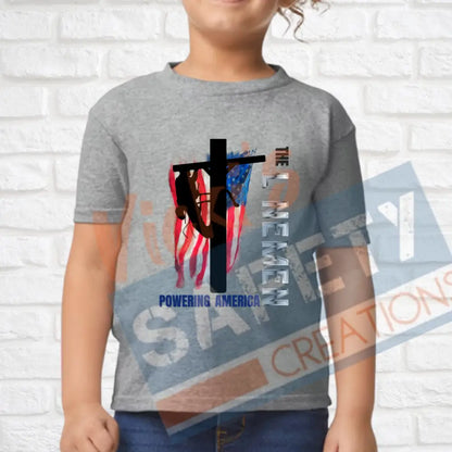 Lineman Powering American (Adult Youth Toddler Infant Sizes) T-shirt/Onesie / TODDLER-2T Adult Clothing