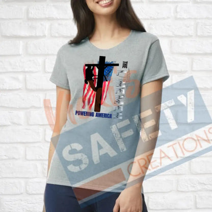 Lineman Powering American (Adult Youth Toddler Infant Sizes) T-shirt/Onesie / LADIES-Small Adult Clothing