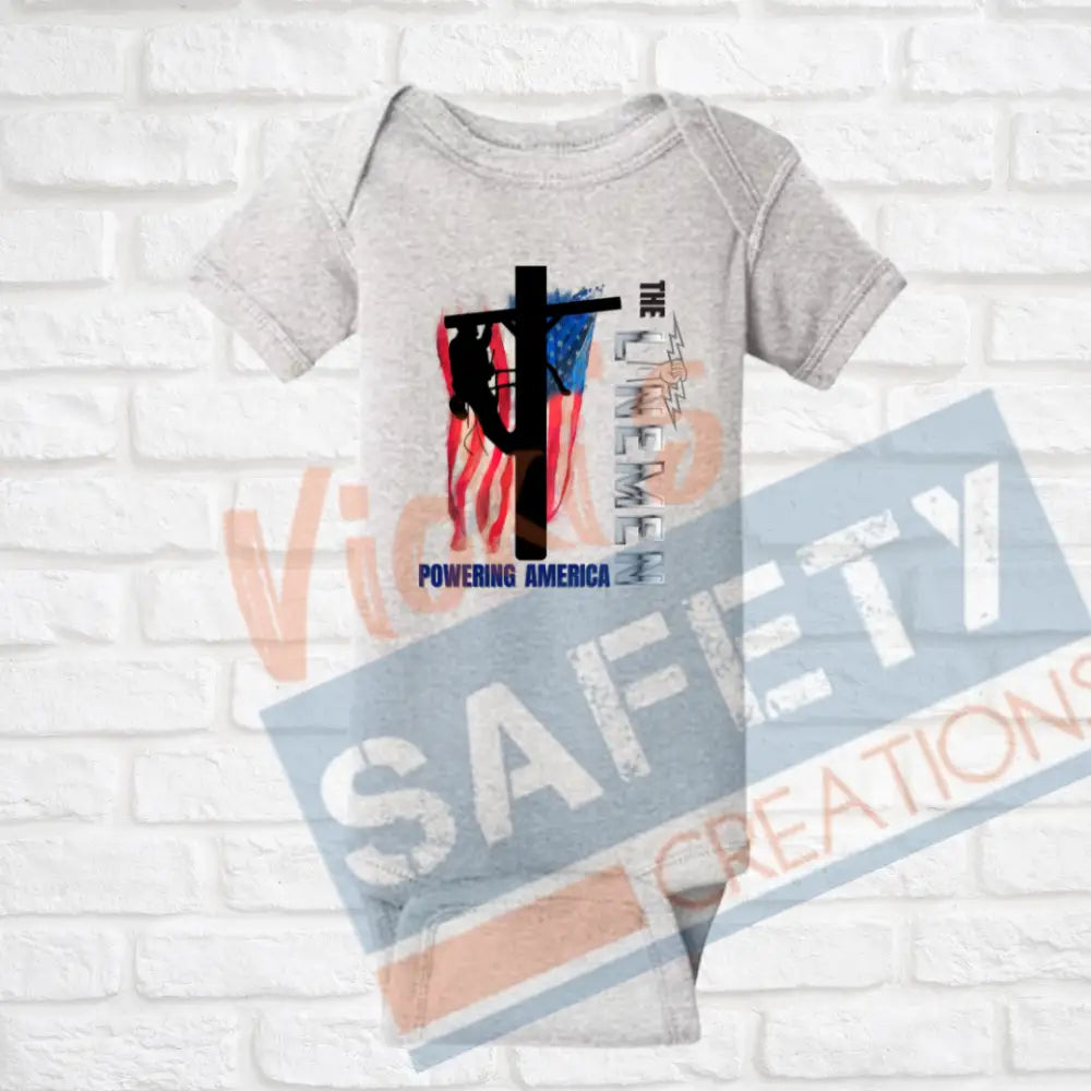Lineman Powering American (Adult Youth Toddler Infant Sizes) T-shirt/Onesie / INFANT-Newborn Adult Clothing