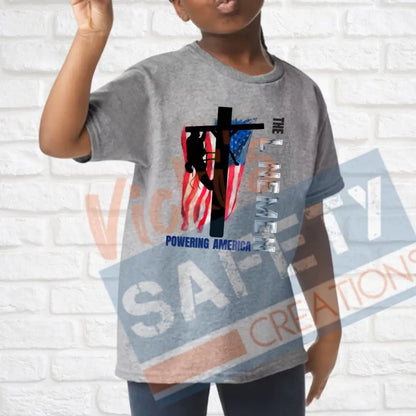 Lineman Powering American (Adult Youth Toddler Infant Sizes) T-shirt/Onesie / YOUTH-XSmall Adult Clothing