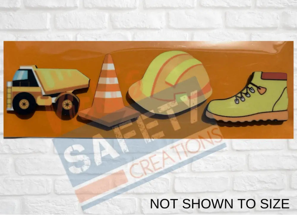A set of custom designed magnets featuring safety themed characters, approximately 2x2 inches in size, displayed on an orange surface against a white brick wall backdrop. The set includes representations like a hard hat, safety cone, and truck.