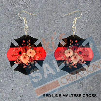 Maltese Cross-Red Line Dangle Earrings Earrings
