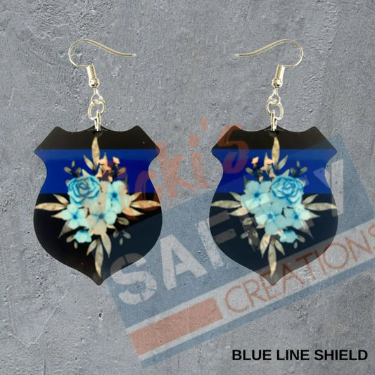 Police Shield-Blue Line Dangle Earrings Earrings