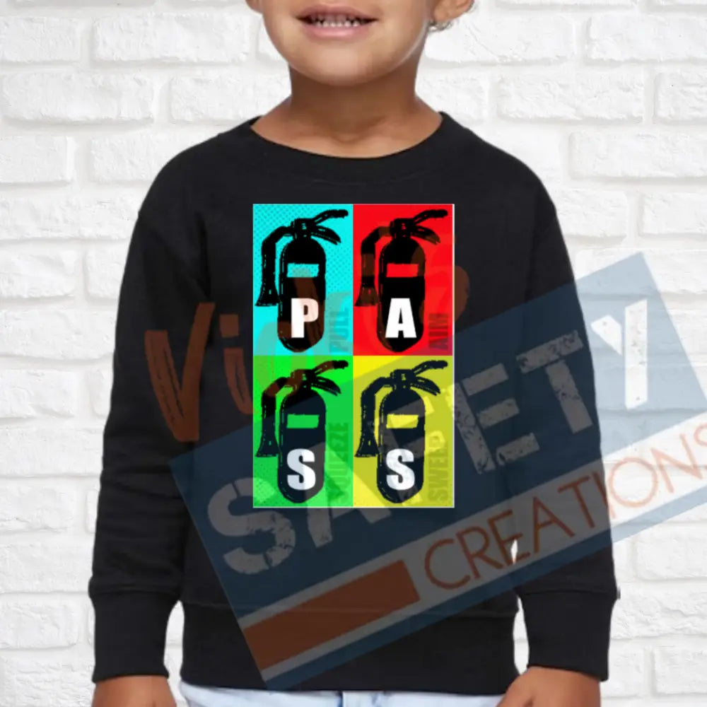 Retro P.A.S.S. Fire Extinguishers (Adult Youth Toddler Infant Sizes) Crew Sweatshirt / TODDLER-2T Adult Clothing
