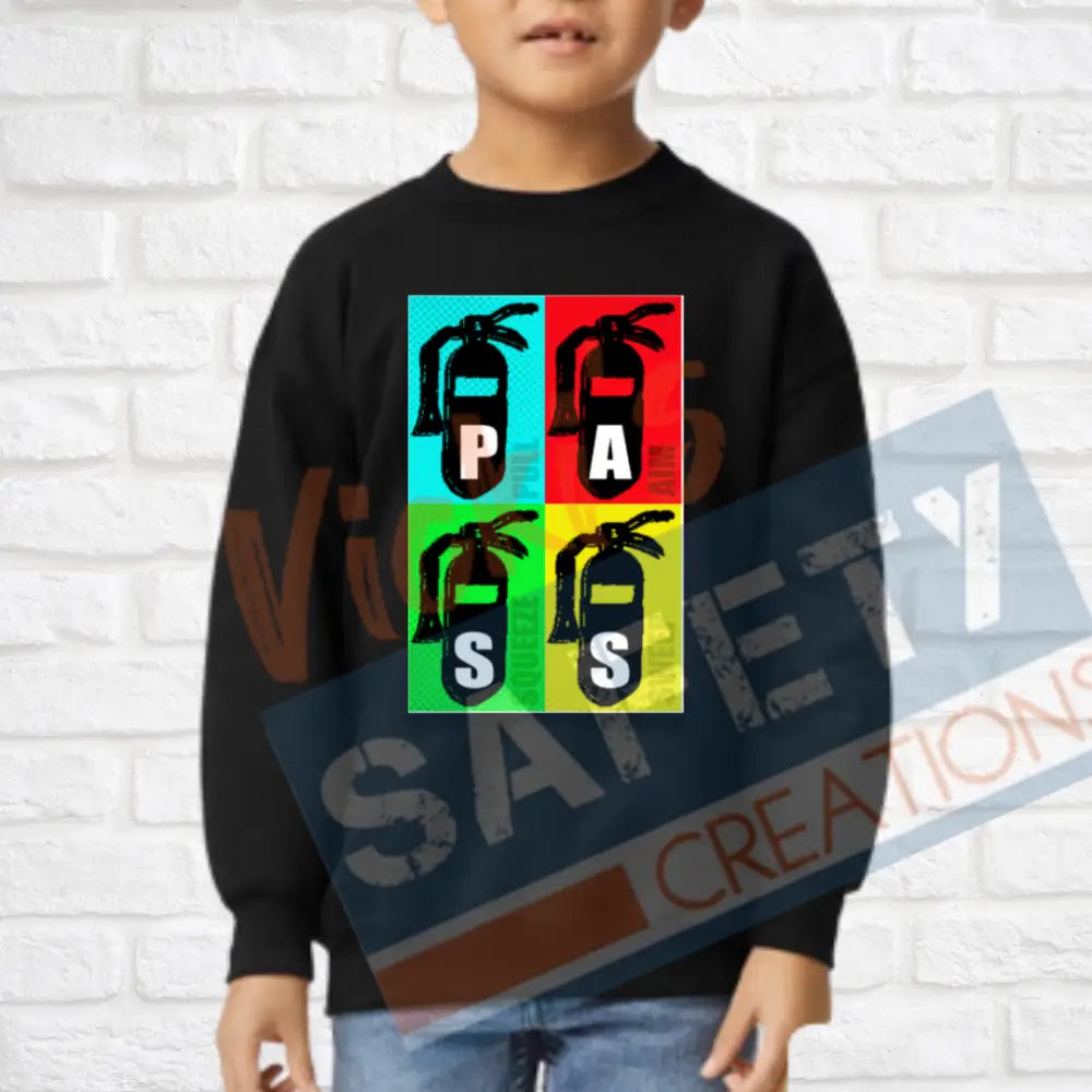 Retro P.A.S.S. Fire Extinguishers (Adult Youth Toddler Infant Sizes) Crew Sweatshirt / YOUTH-XSmall Adult Clothing