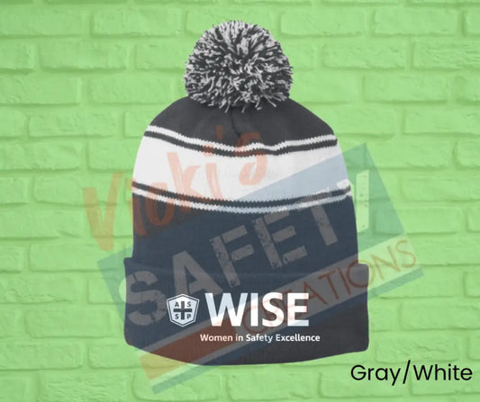 Stripe Pom Pom Beanie - (asst. colors) WISE Gray/White HAT